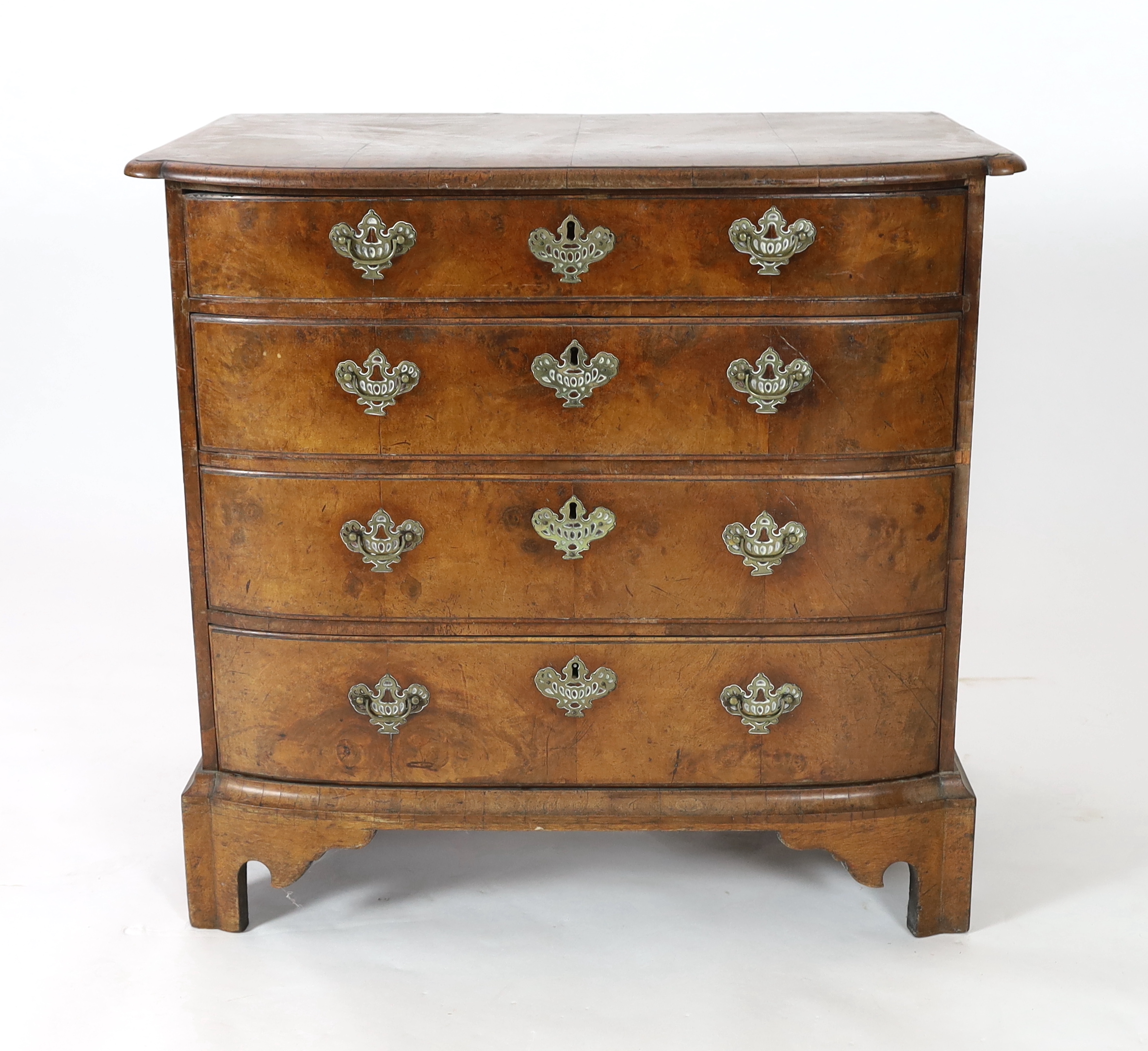 An 18th century Dutch walnut bowfront chest, 89cm wide, 57cm deep, 84cm high